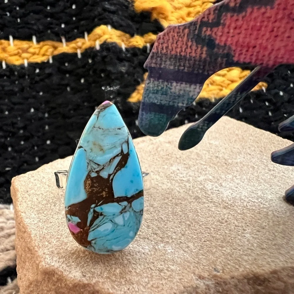 ❤️ Cotton Candy Turquoise Artisan Teardrop 925 Southwestern Ring Sz 6.25 5.9Gm
